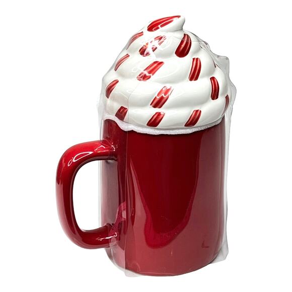NEW Rae Dunn Ceramic Hot Cocoa COFFEE MUG + TOPPER Cover Lid Red White - Picture 2 of 5